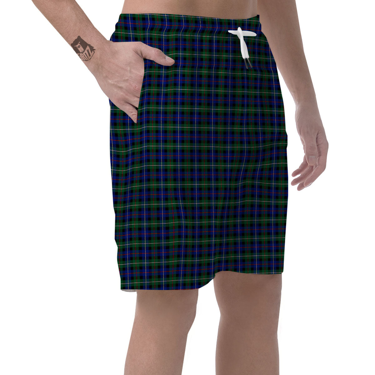 White Buffalo And Green Blue Plaid Print Men's Shorts-grizzshop