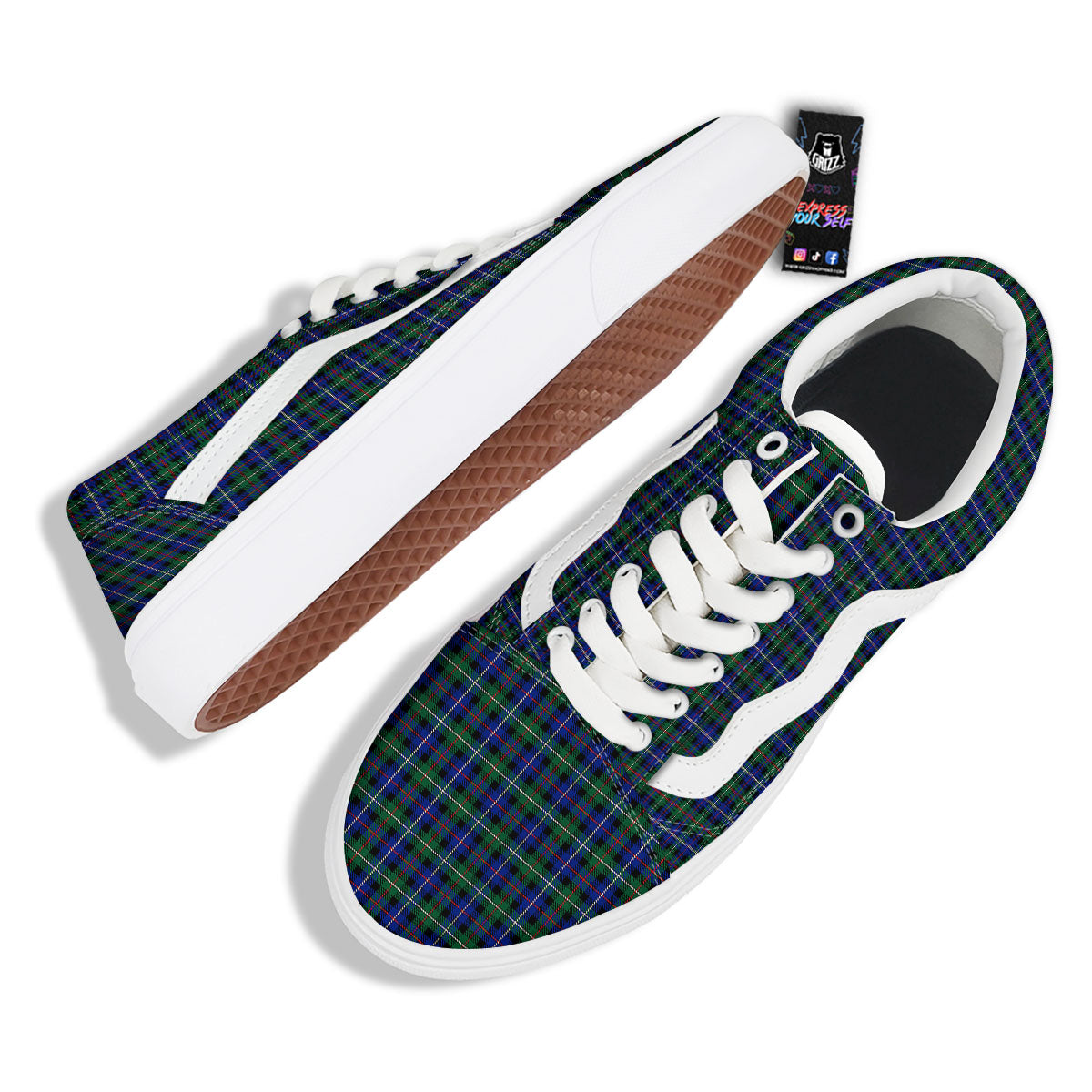 White Buffalo And Green Blue Plaid Print Skate Shoes-grizzshop