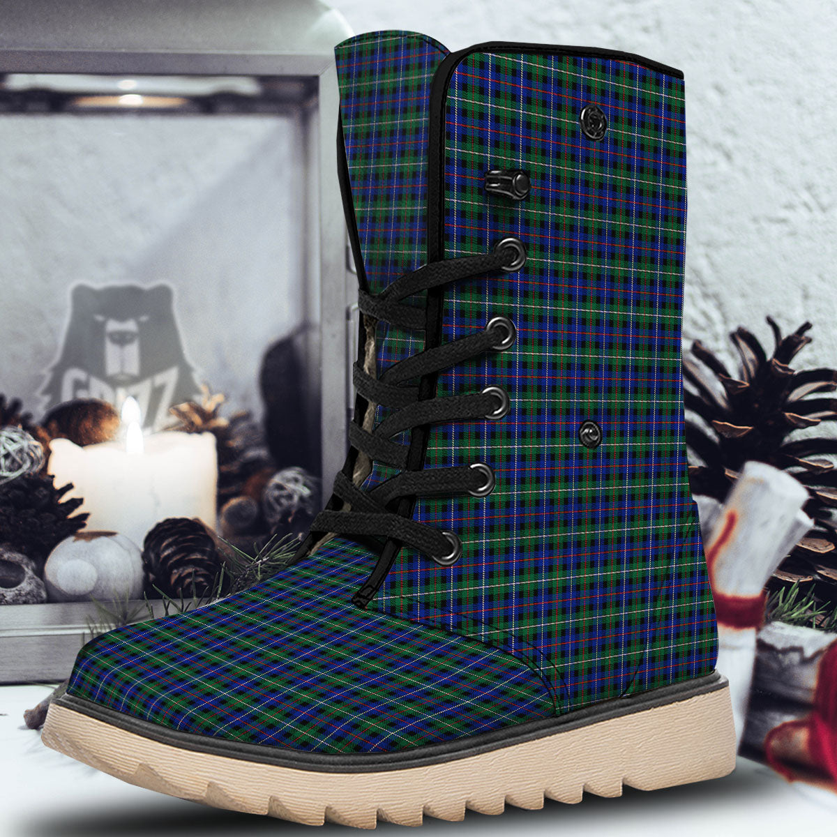 White Buffalo And Green Blue Plaid Print Snow Boots-grizzshop