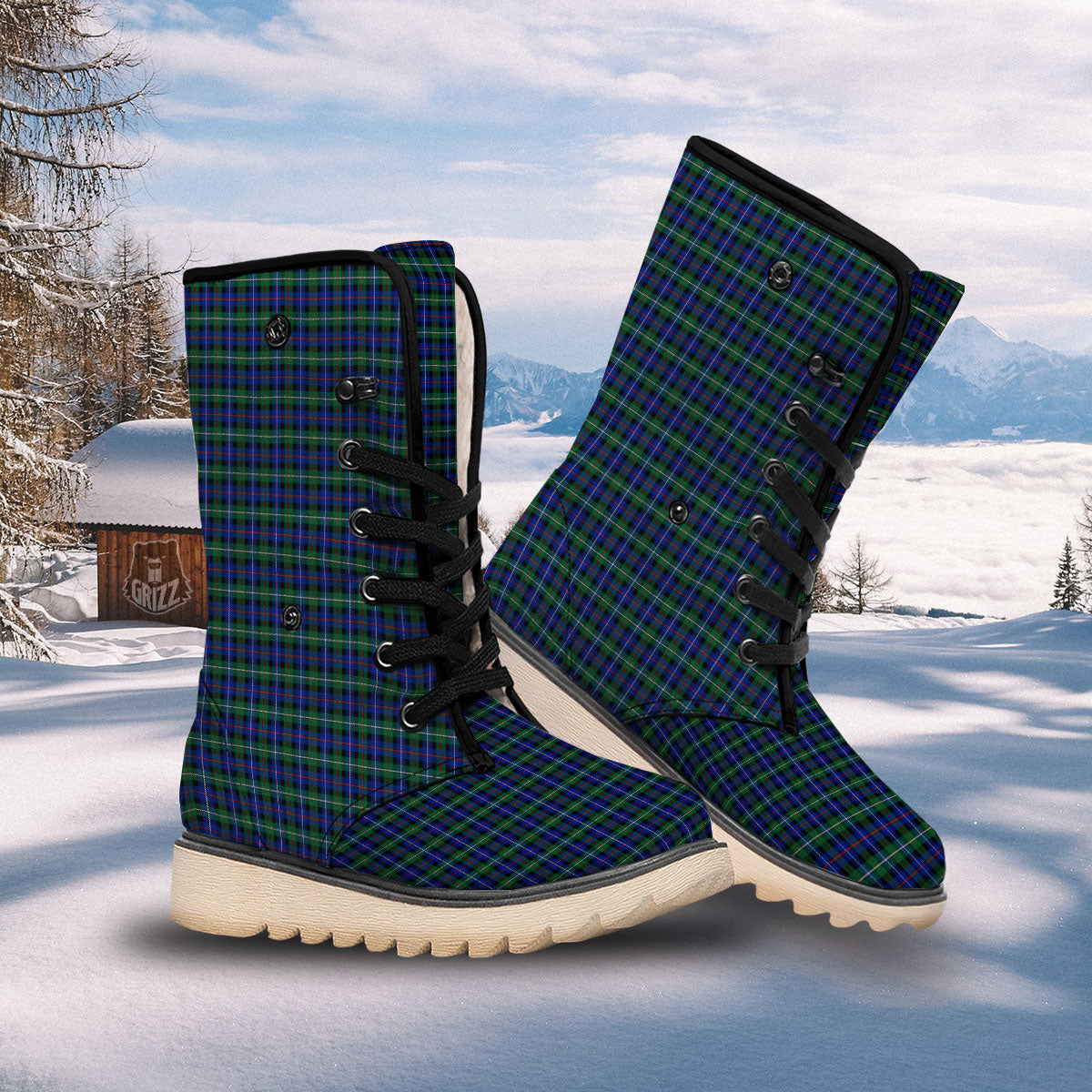 White Buffalo And Green Blue Plaid Print Snow Boots-grizzshop
