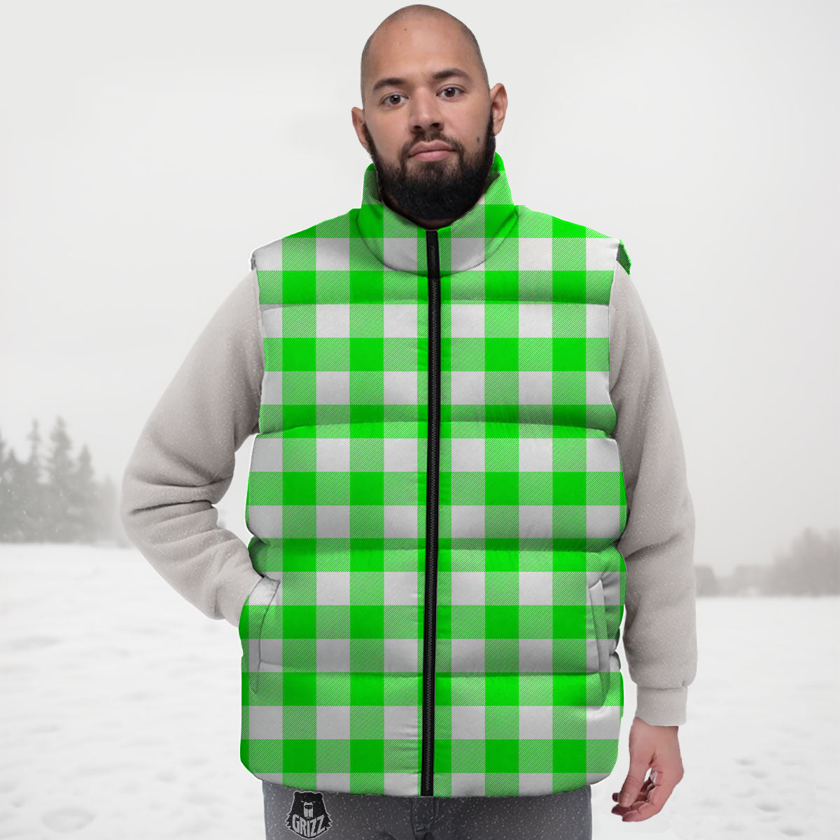 White Buffalo Check And U F O Green Print Pattern Down Vest