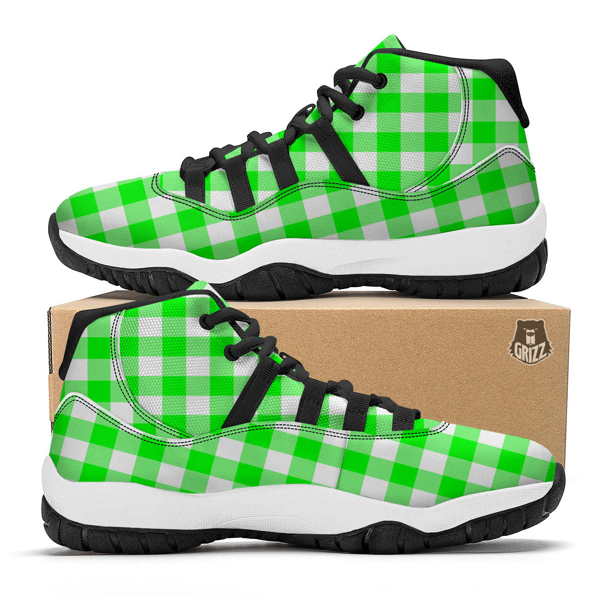 White Buffalo Check And UFO Green Print Pattern Black Bball Shoes-grizzshop