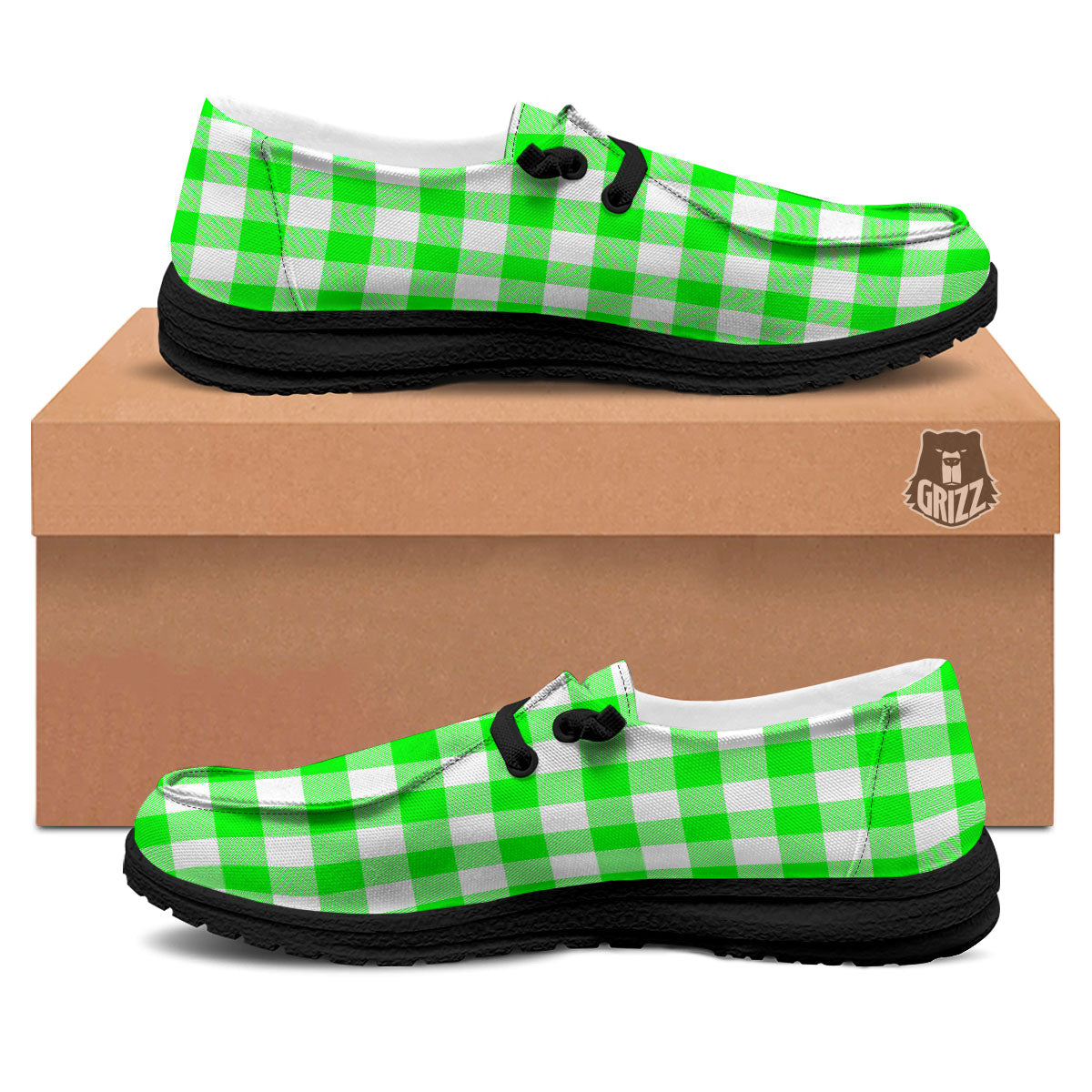 White Buffalo Check And UFO Green Print Pattern Black Loafers-grizzshop