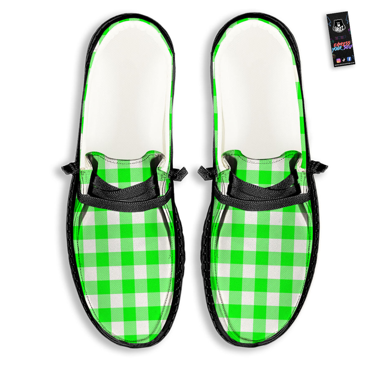 White Buffalo Check And UFO Green Print Pattern Black Loafers-grizzshop
