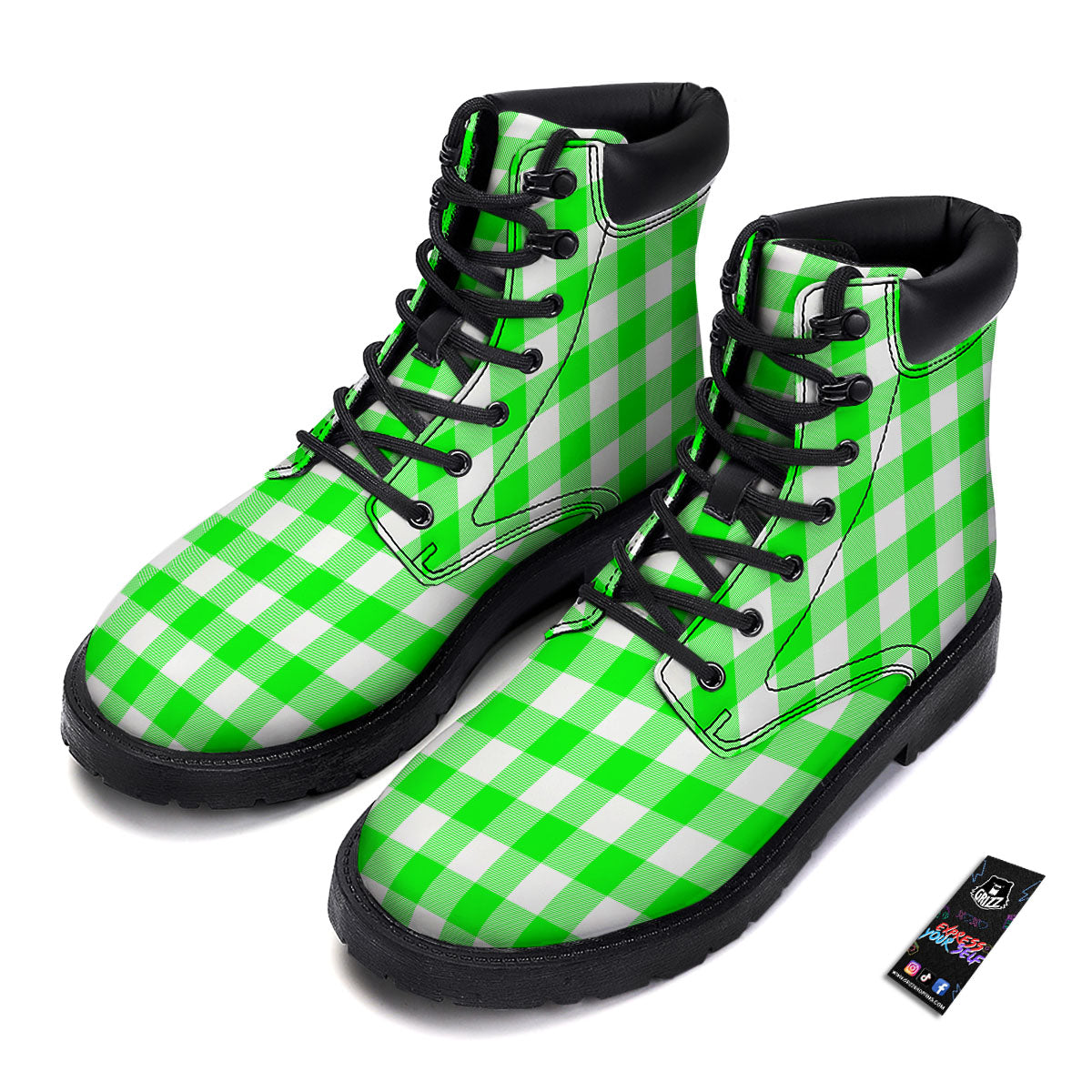 White Buffalo Check And UFO Green Print Pattern Boots-grizzshop