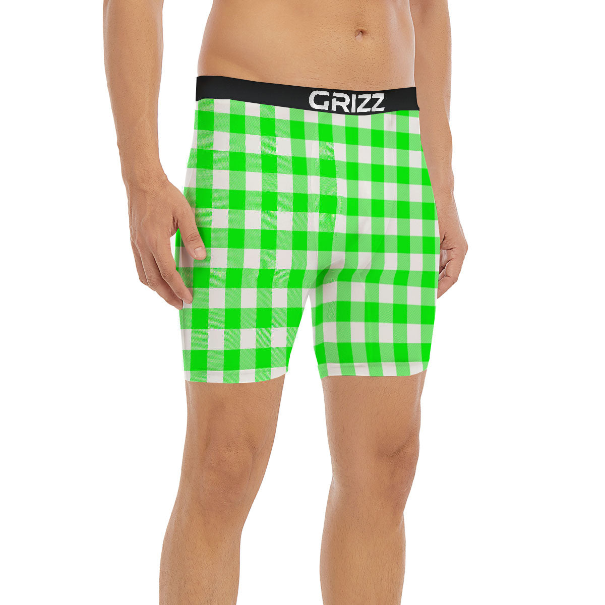 White Buffalo Check And UFO Green Print Pattern Boxer Briefs-grizzshop