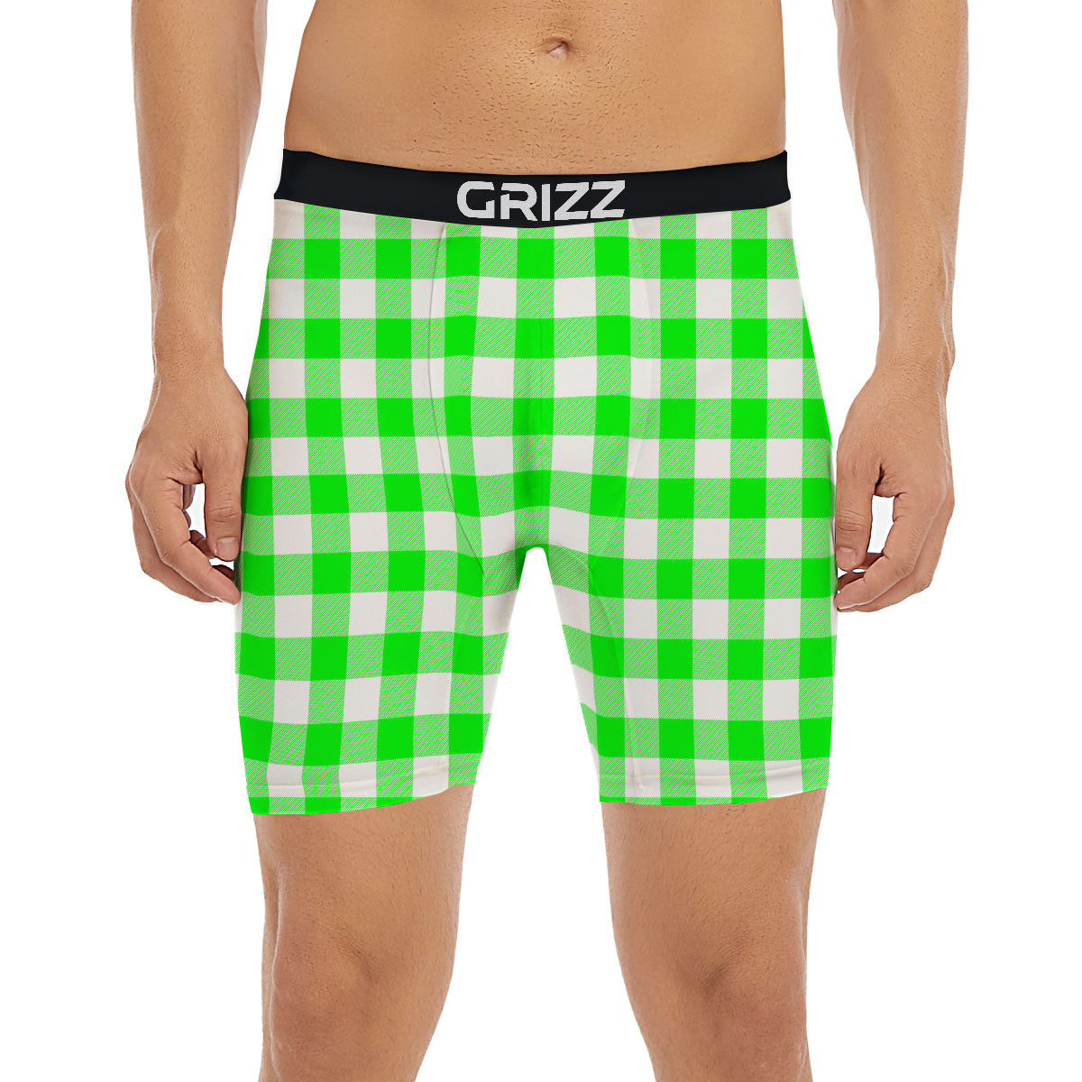 White Buffalo Check And UFO Green Print Pattern Boxer Briefs-grizzshop