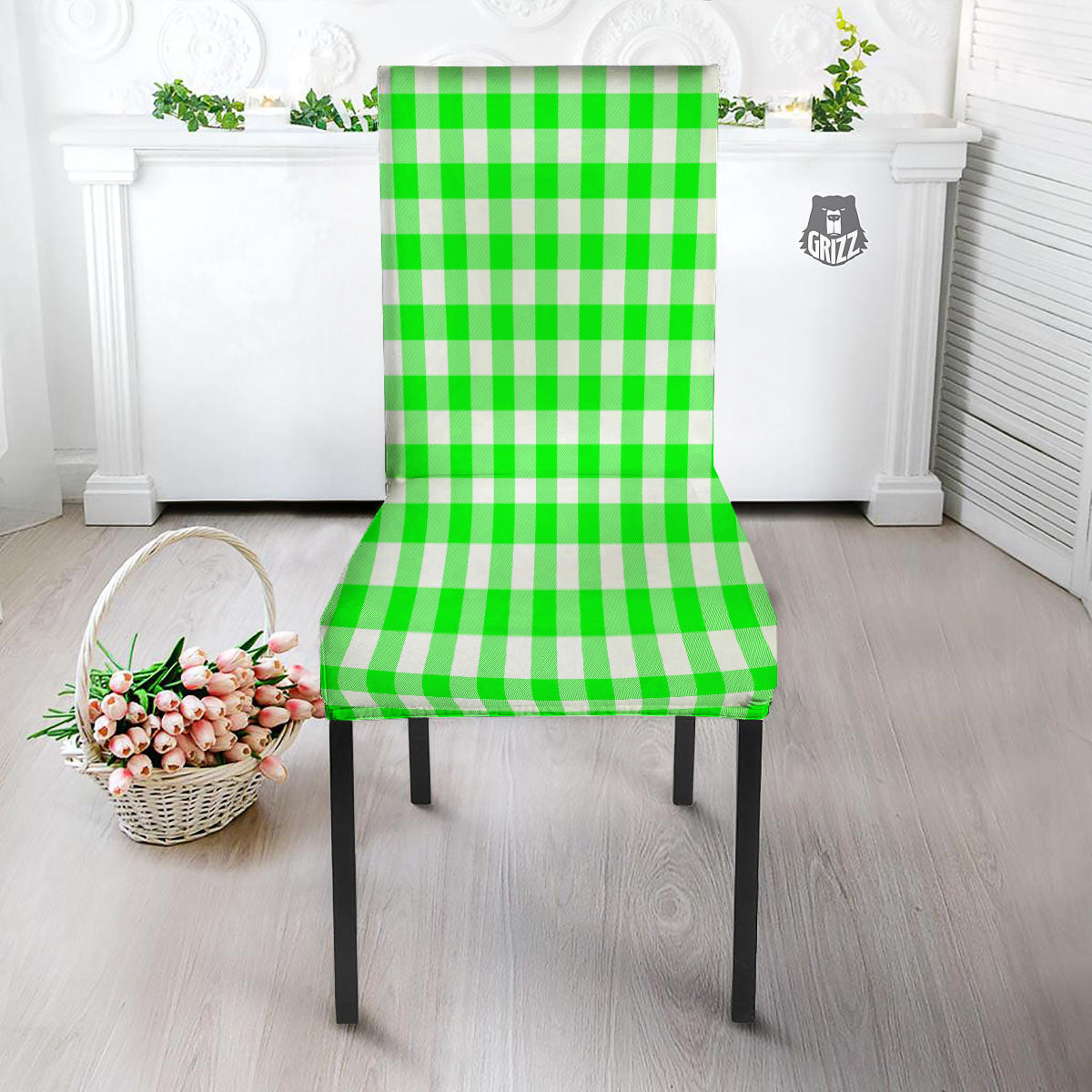 White Buffalo Check And UFO Green Print Pattern Dining Chair Slipcover-grizzshop