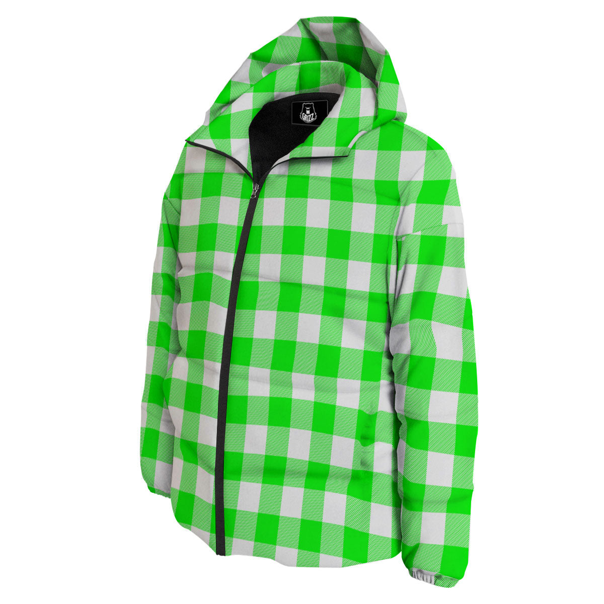 White Buffalo Check And UFO Green Print Pattern Down Jacket-grizzshop