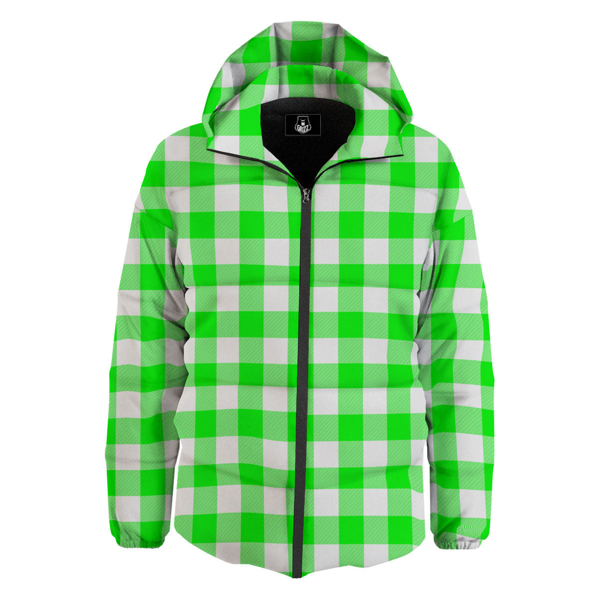 White Buffalo Check And UFO Green Print Pattern Down Jacket-grizzshop