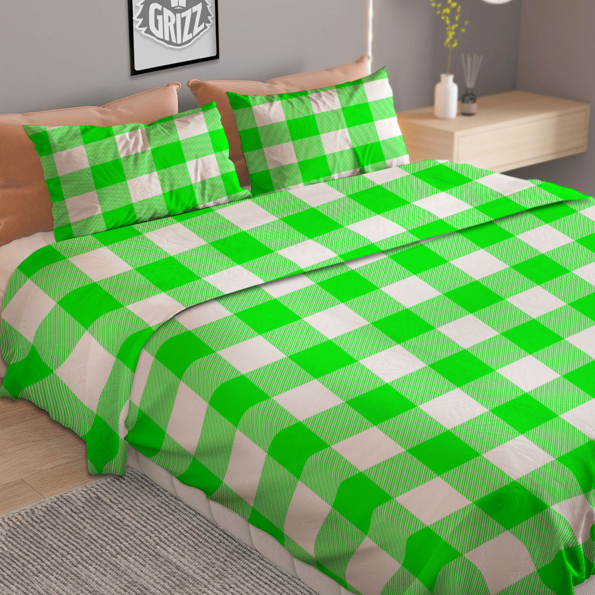 White Buffalo Check And UFO Green Print Pattern Duvet Cover Bedding Set