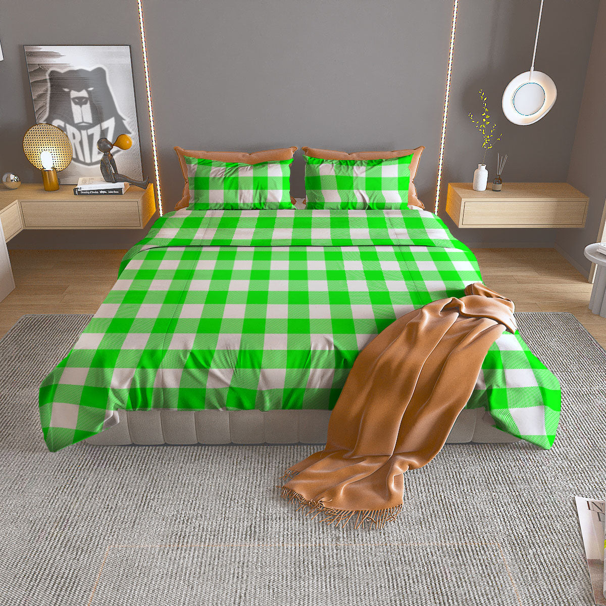 White Buffalo Check And UFO Green Print Pattern Duvet Cover Bedding Set