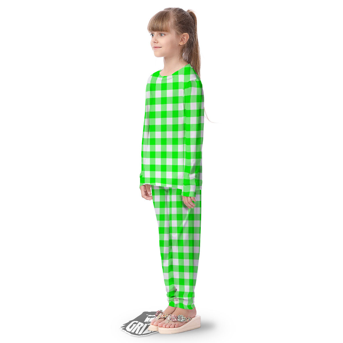 White Buffalo Check And UFO Green Print Pattern Kid's Pajamas-grizzshop