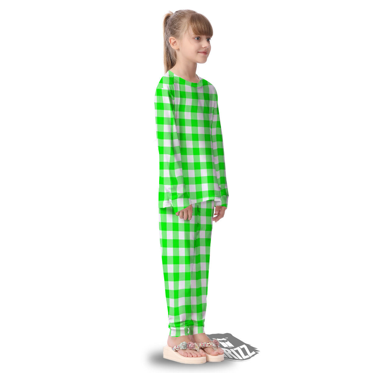 White Buffalo Check And UFO Green Print Pattern Kid's Pajamas-grizzshop