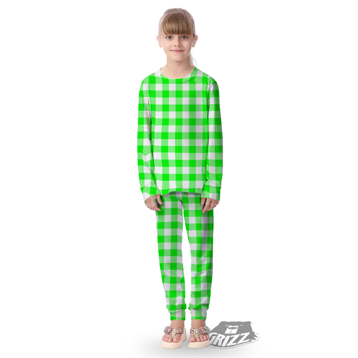 White Buffalo Check And UFO Green Print Pattern Kid's Pajamas-grizzshop