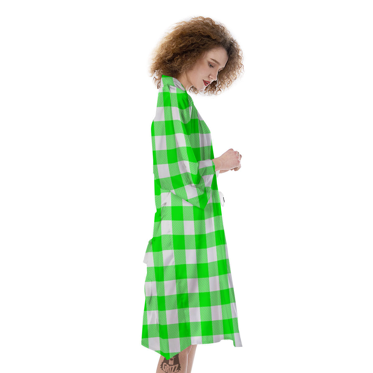 White Buffalo Check And UFO Green Print Pattern Kimono-grizzshop