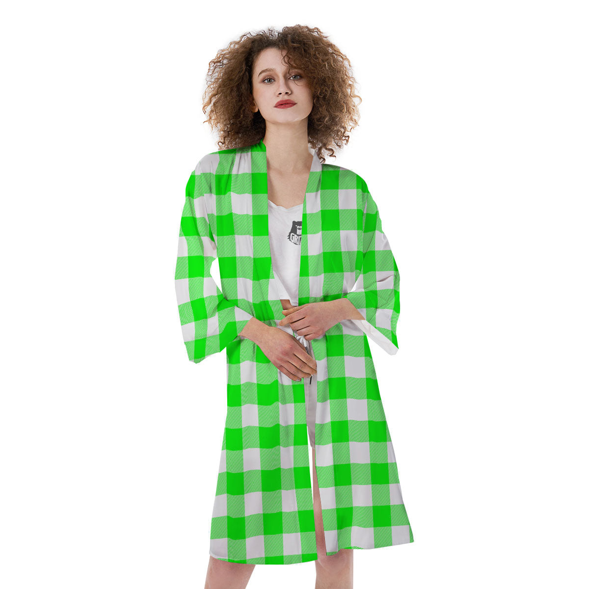 White Buffalo Check And UFO Green Print Pattern Kimono-grizzshop