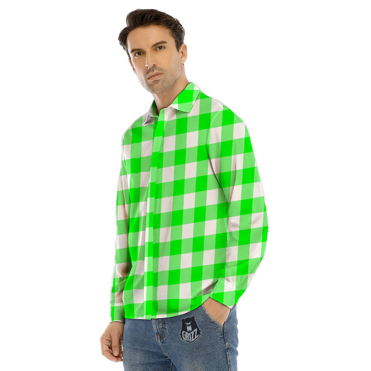 White Buffalo Check And UFO Green Print Pattern Men's Dress Shirts-grizzshop