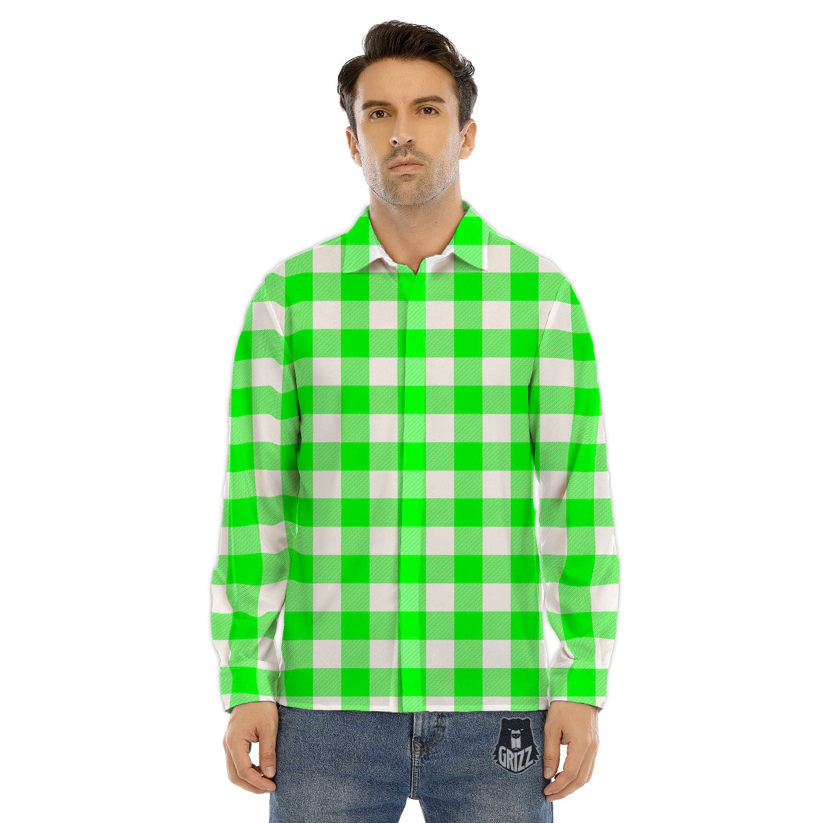 White Buffalo Check And UFO Green Print Pattern Men's Dress Shirts-grizzshop
