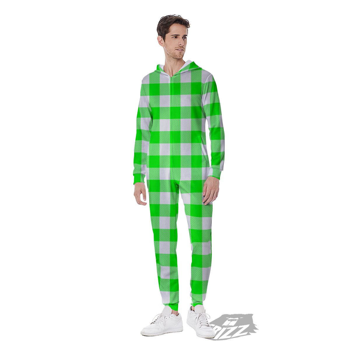 White Buffalo Check And UFO Green Print Pattern Men's Jumpsuit-grizzshop