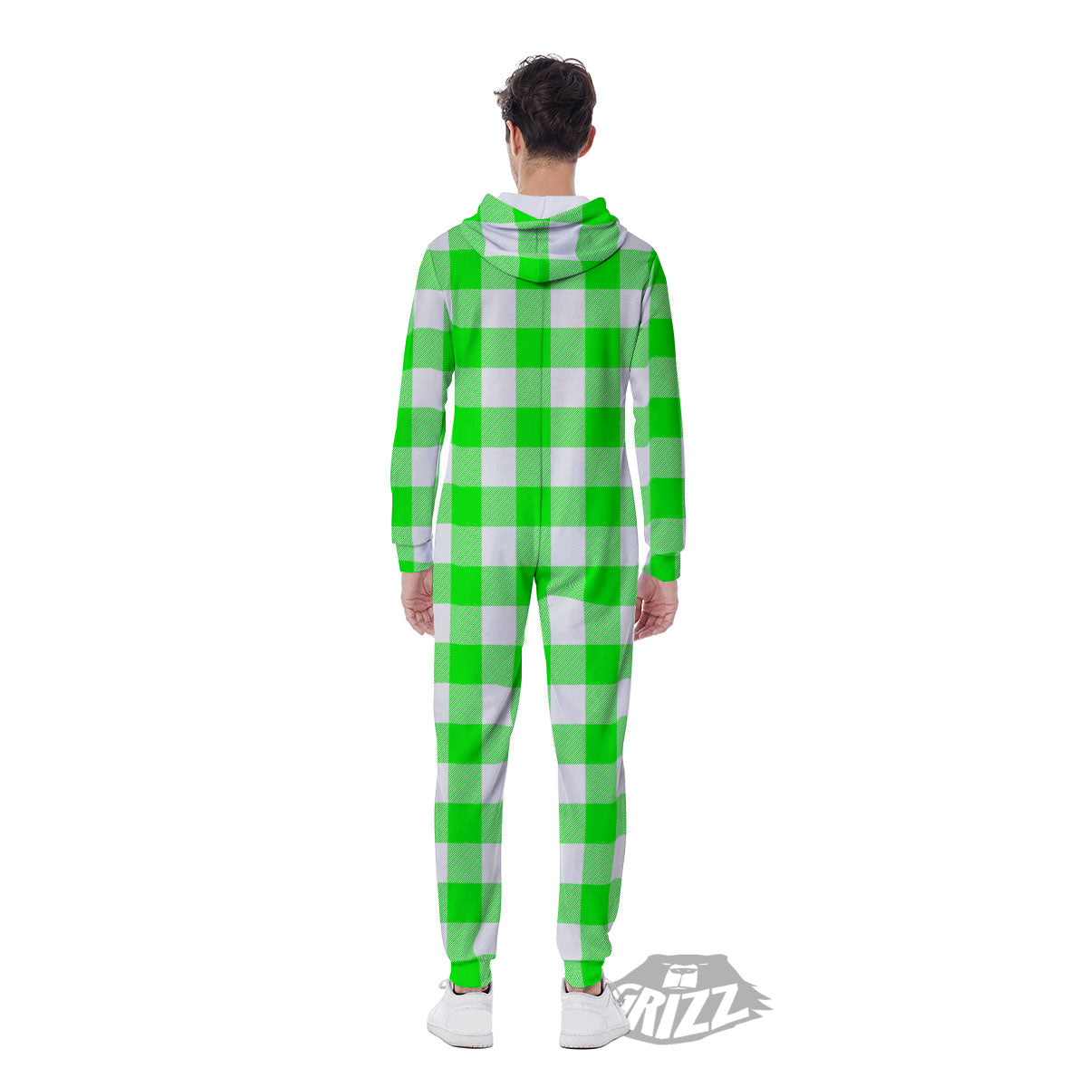 White Buffalo Check And UFO Green Print Pattern Men's Jumpsuit-grizzshop