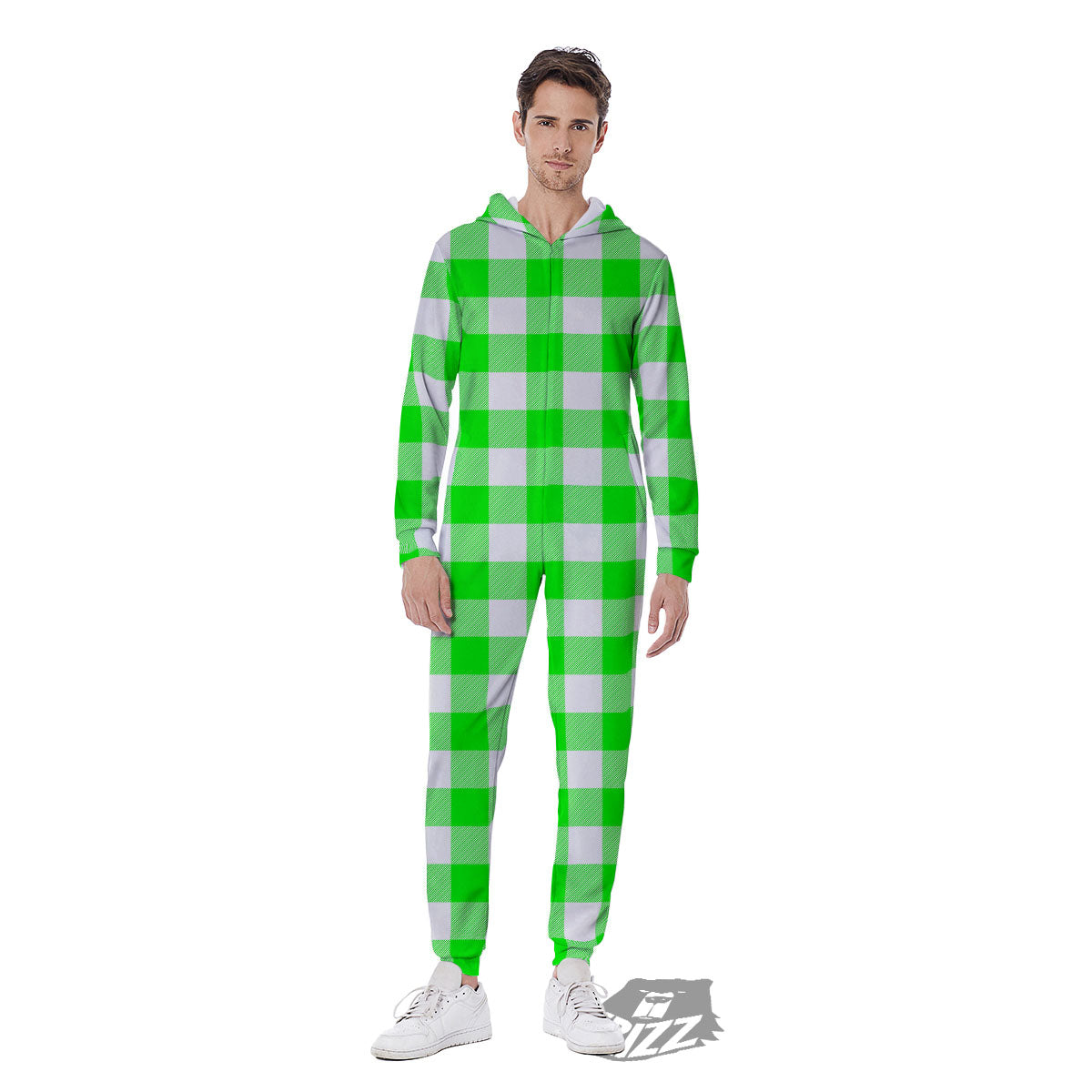 White Buffalo Check And UFO Green Print Pattern Men's Jumpsuit-grizzshop