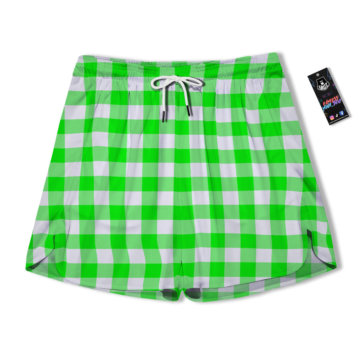 White Buffalo Check And UFO Green Print Pattern Men's Running Shorts-grizzshop