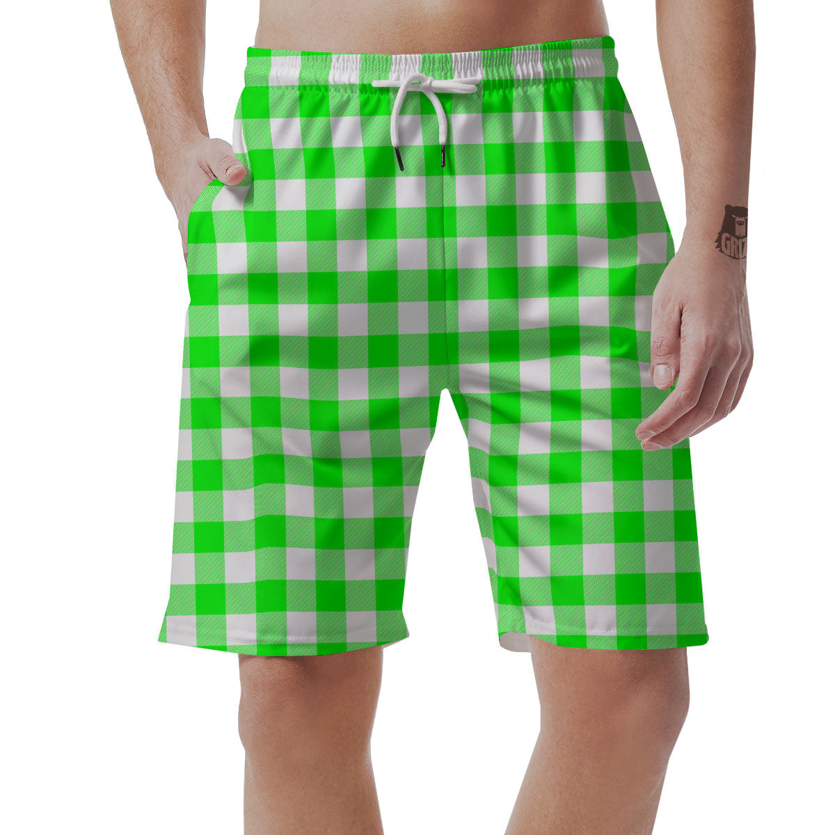 White Buffalo Check And UFO Green Print Pattern Men's Shorts-grizzshop