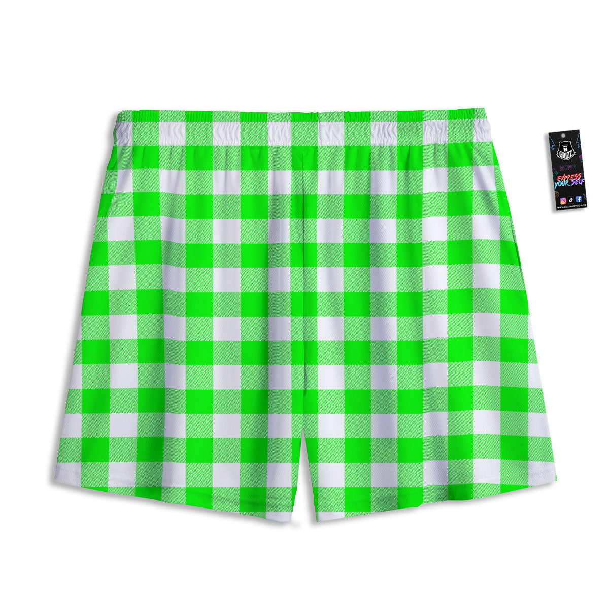 White Buffalo Check And UFO Green Print Pattern Mesh Shorts