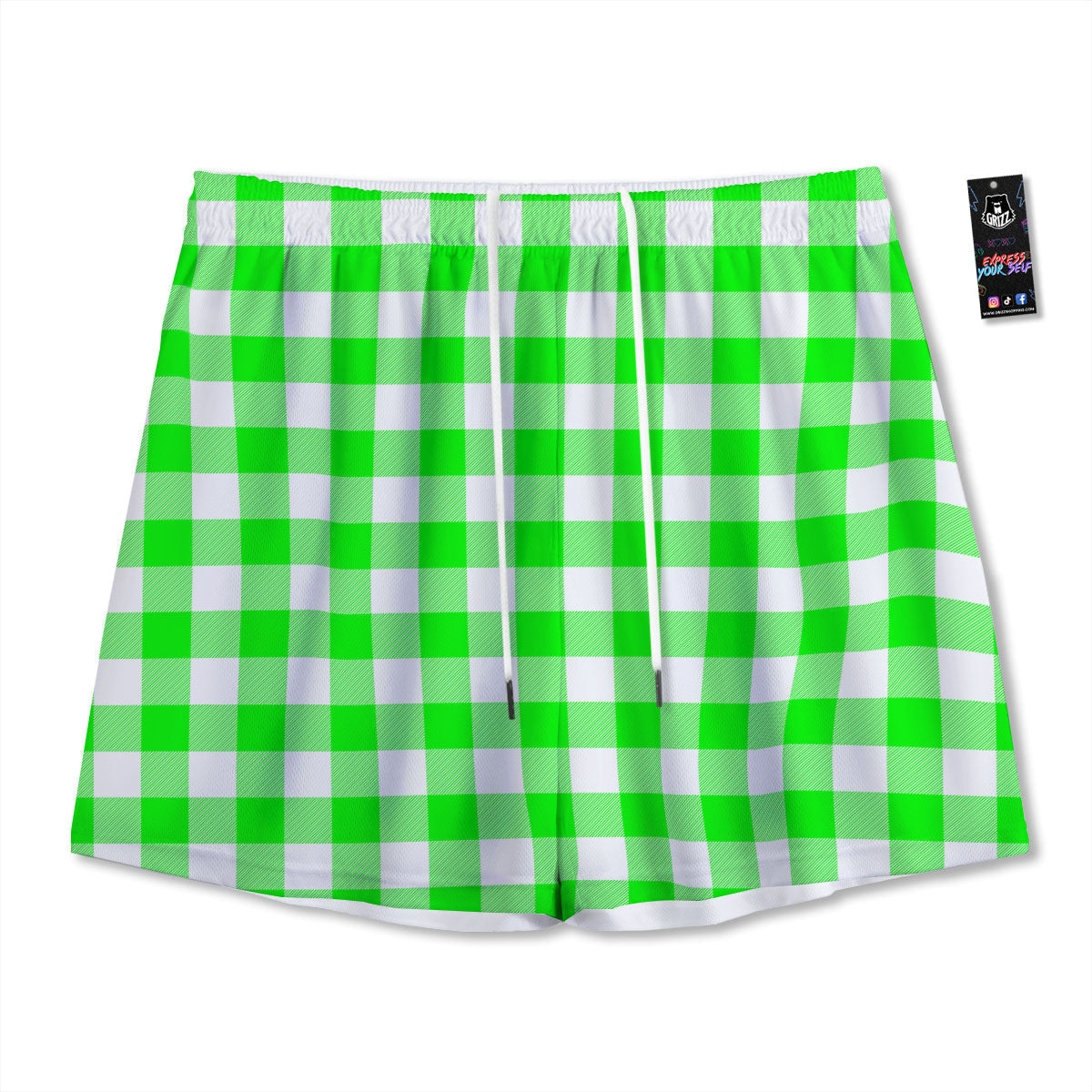 White Buffalo Check And UFO Green Print Pattern Mesh Shorts