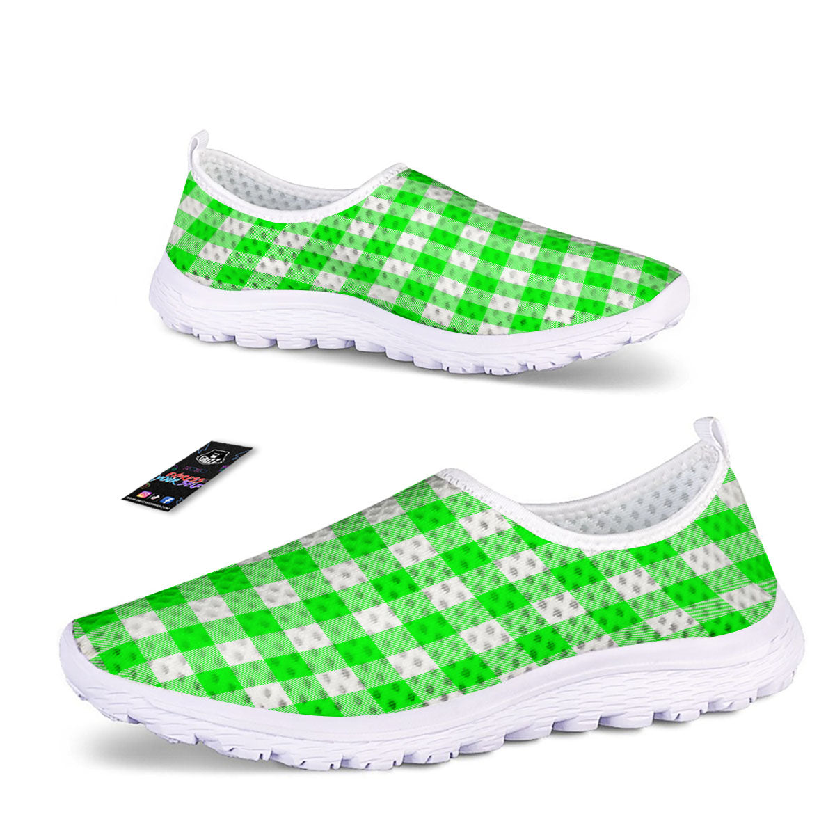 White Buffalo Check And UFO Green Print Pattern Nurse Shoes-grizzshop