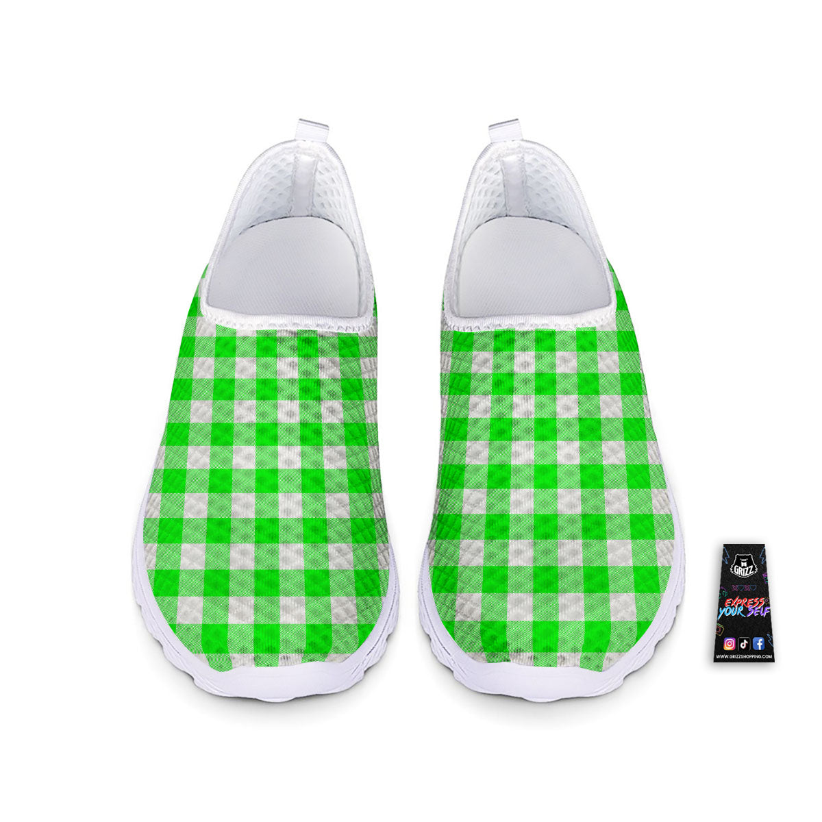 White Buffalo Check And UFO Green Print Pattern Nurse Shoes-grizzshop
