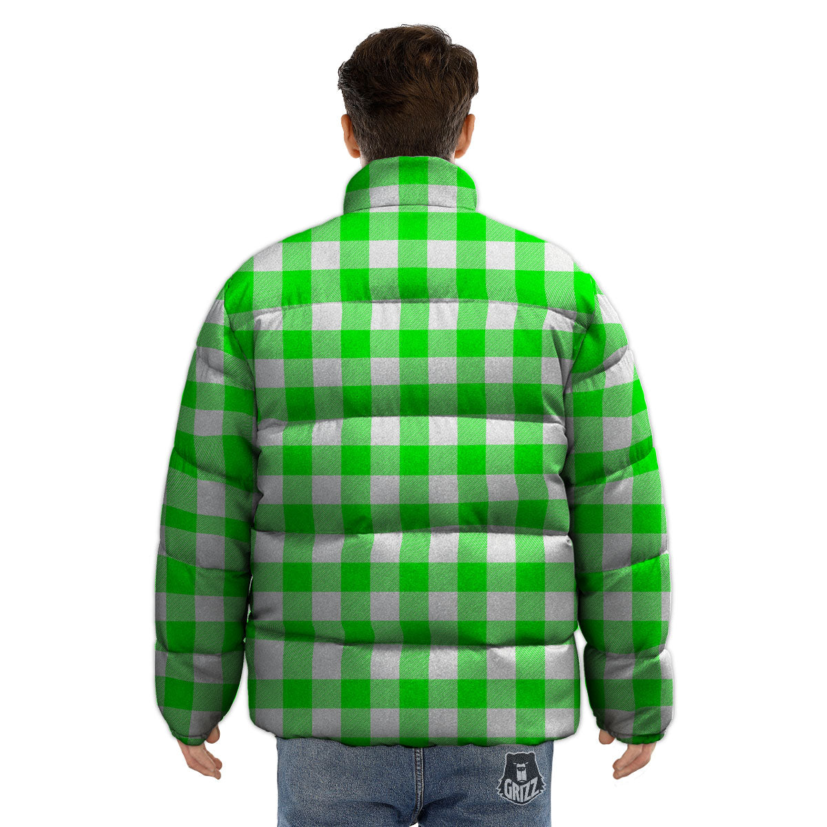 White Buffalo Check And UFO Green Print Pattern Puffer Jacket-grizzshop