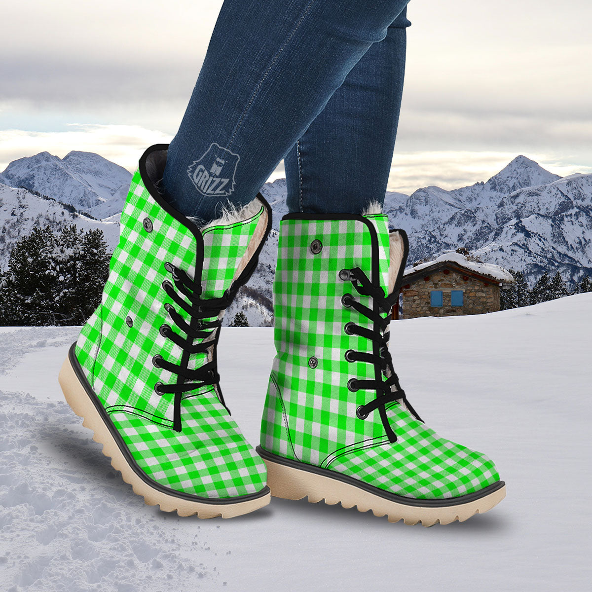 White Buffalo Check And UFO Green Print Pattern Snow Boots-grizzshop