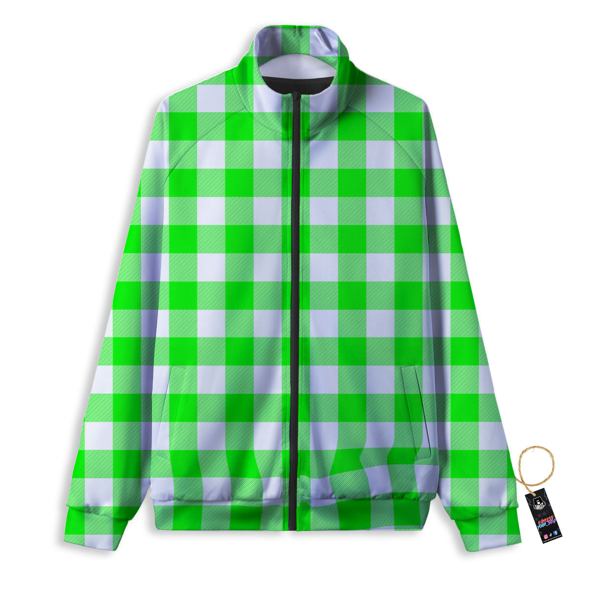 White Buffalo Check And UFO Green Print Pattern Track Jacket-grizzshop