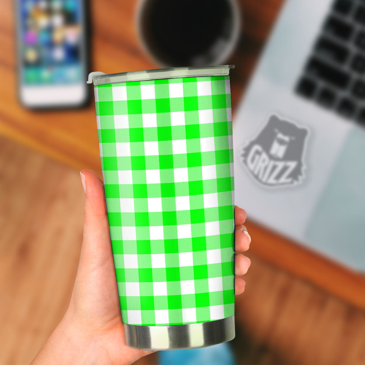 White Buffalo Check And UFO Green Print Pattern Tumbler-grizzshop