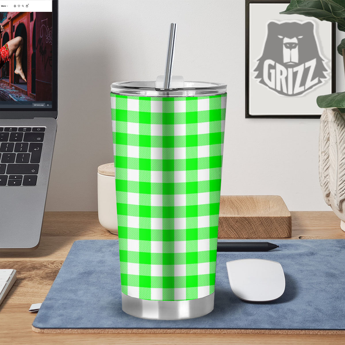 White Buffalo Check And UFO Green Print Pattern Tumbler-grizzshop