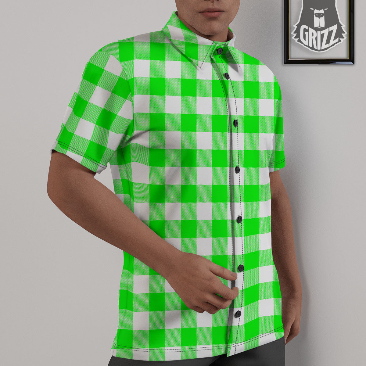White Buffalo Check And UFO Green Print Pattern Untucked Shirts-grizzshop