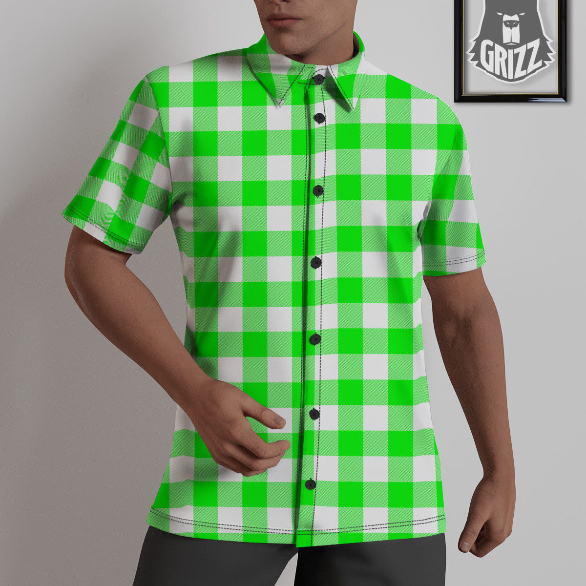 White Buffalo Check And UFO Green Print Pattern Untucked Shirts-grizzshop