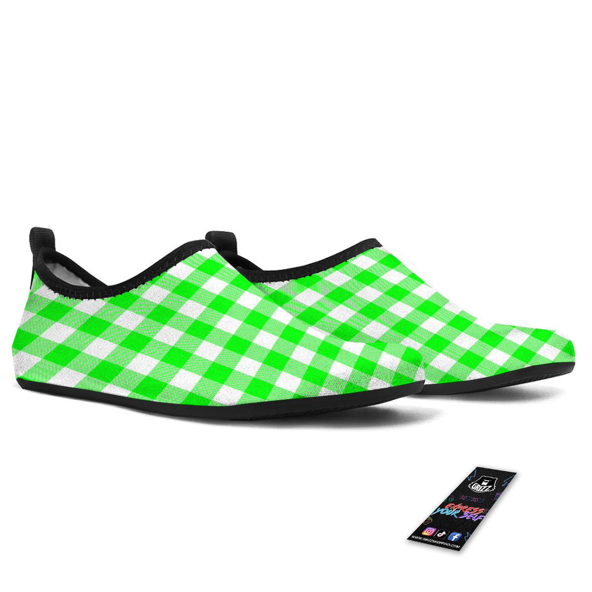 White Buffalo Check And UFO Green Print Pattern Water Shoes-grizzshop