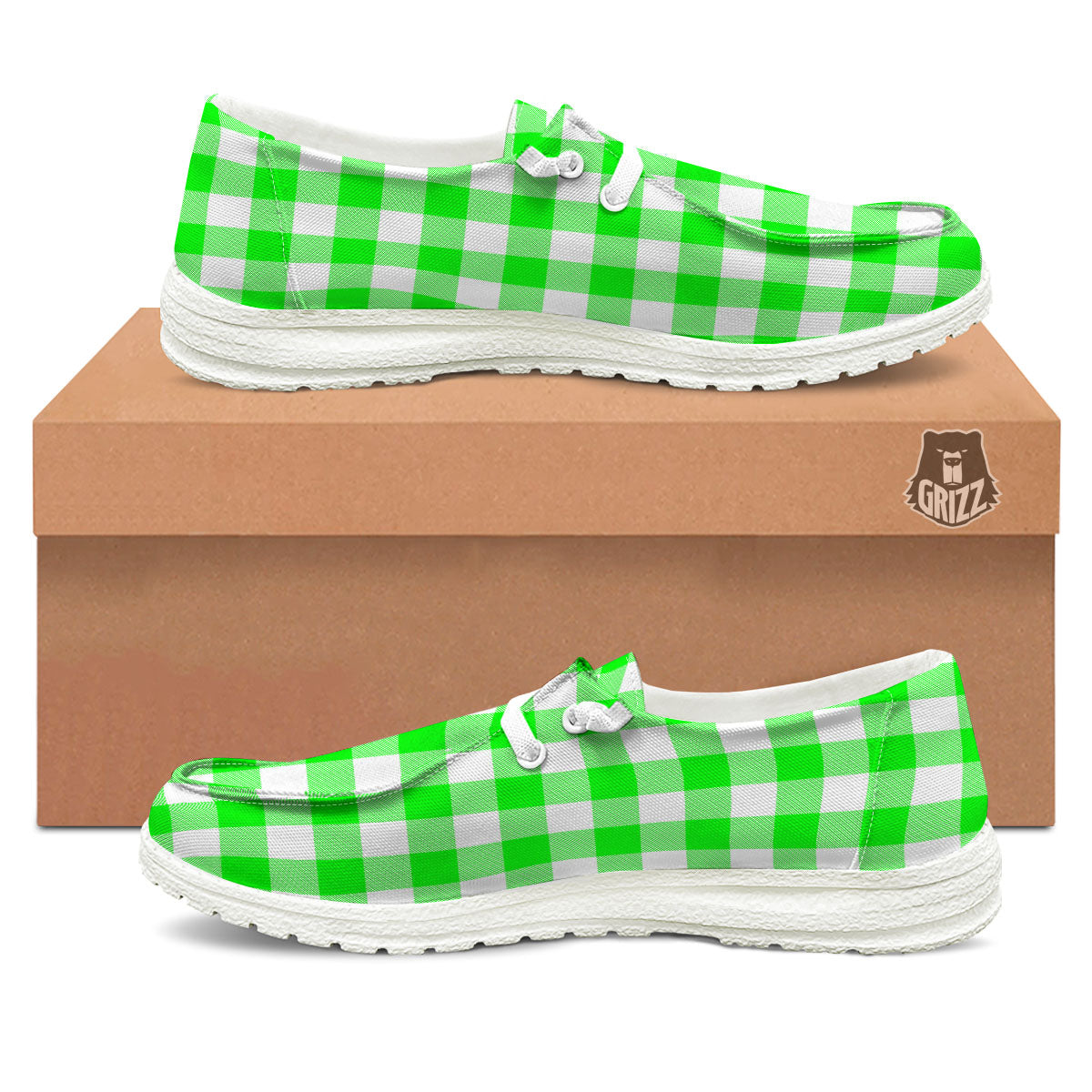 White Buffalo Check And UFO Green Print Pattern White Loafers-grizzshop