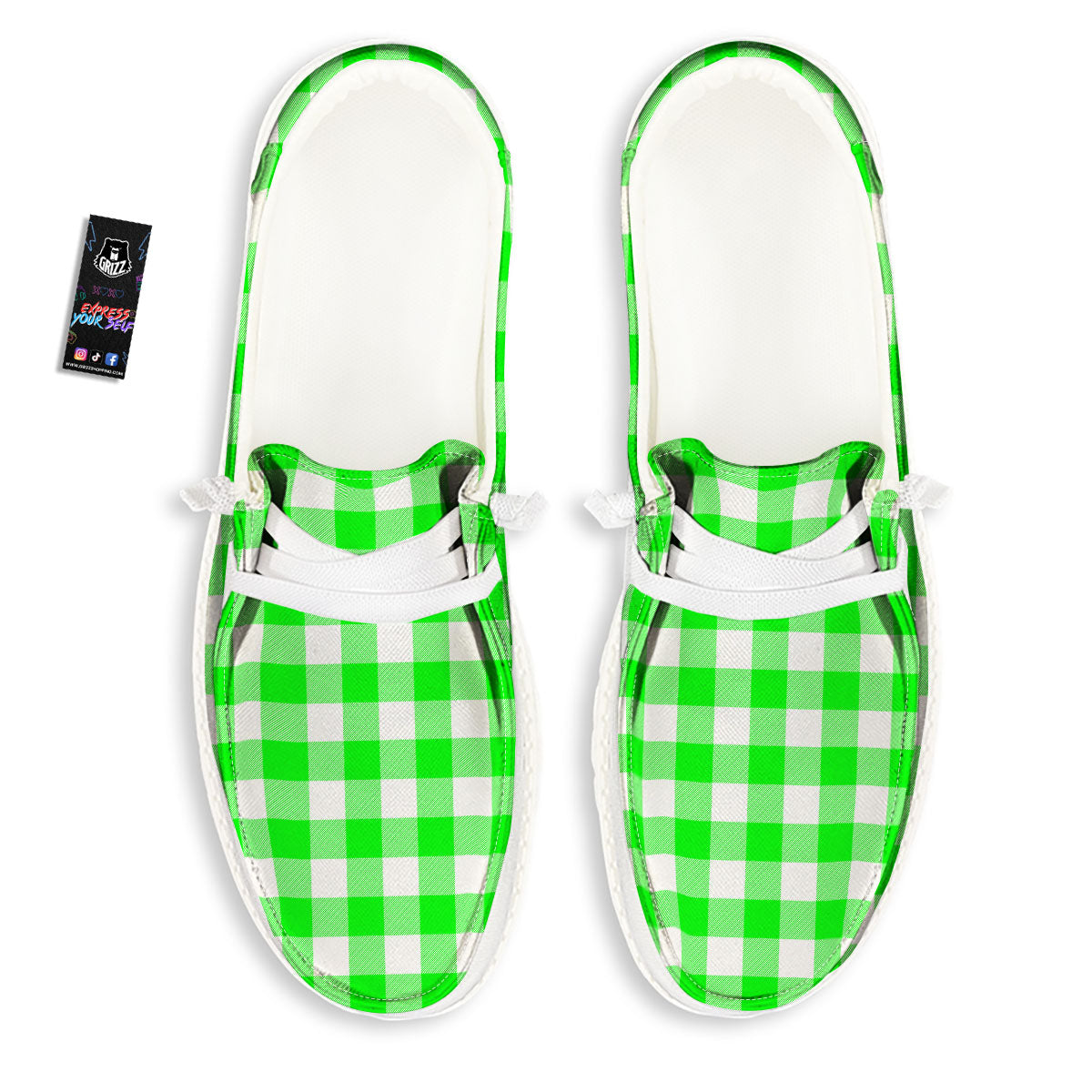 White Buffalo Check And UFO Green Print Pattern White Loafers-grizzshop