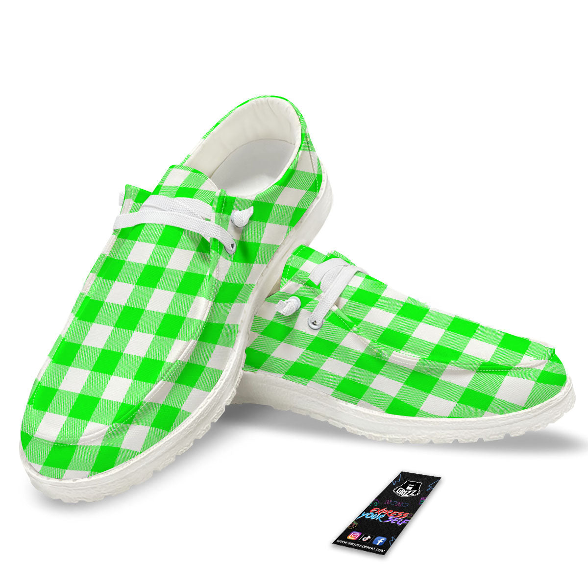 White Buffalo Check And UFO Green Print Pattern White Loafers-grizzshop