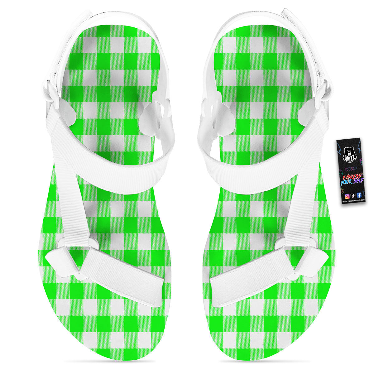 White Buffalo Check And UFO Green Print Pattern White Open Toe Sandals-grizzshop
