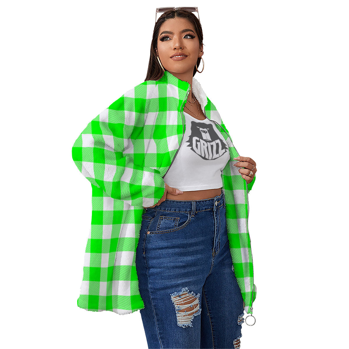 White Buffalo Check And UFO Green Print Pattern Women's Sherpa Jacket-grizzshop