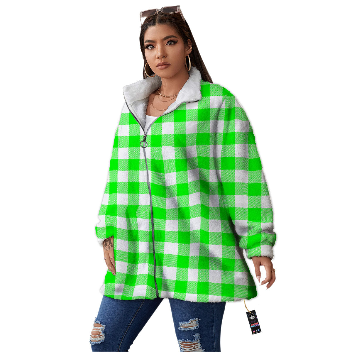White Buffalo Check And UFO Green Print Pattern Women's Sherpa Jacket-grizzshop