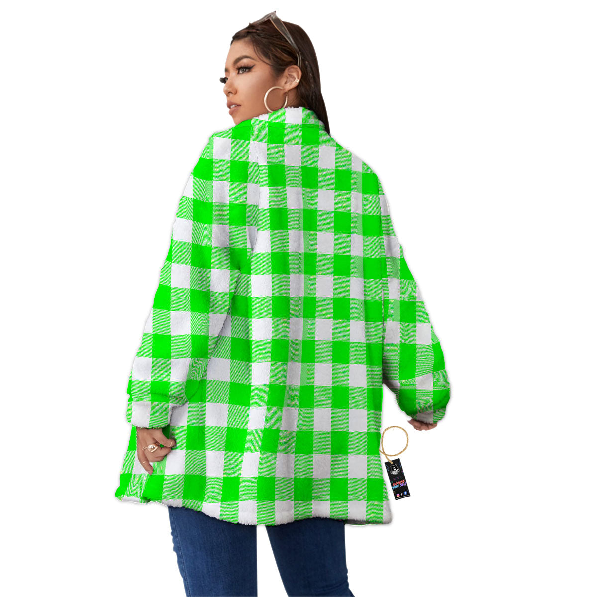 White Buffalo Check And UFO Green Print Pattern Women's Sherpa Jacket-grizzshop