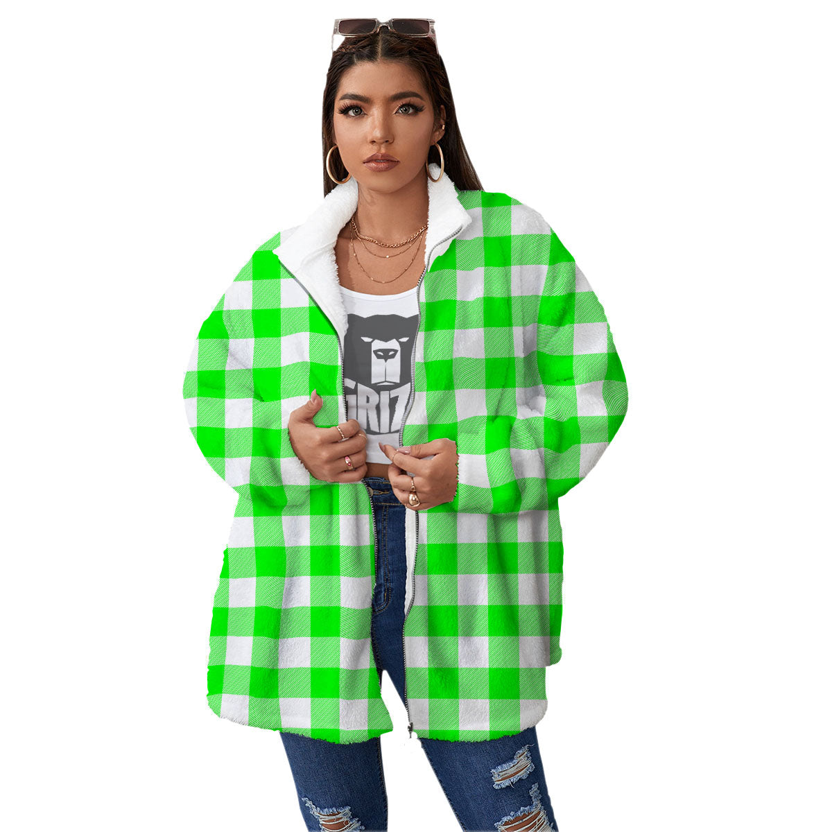 White Buffalo Check And UFO Green Print Pattern Women's Sherpa Jacket-grizzshop