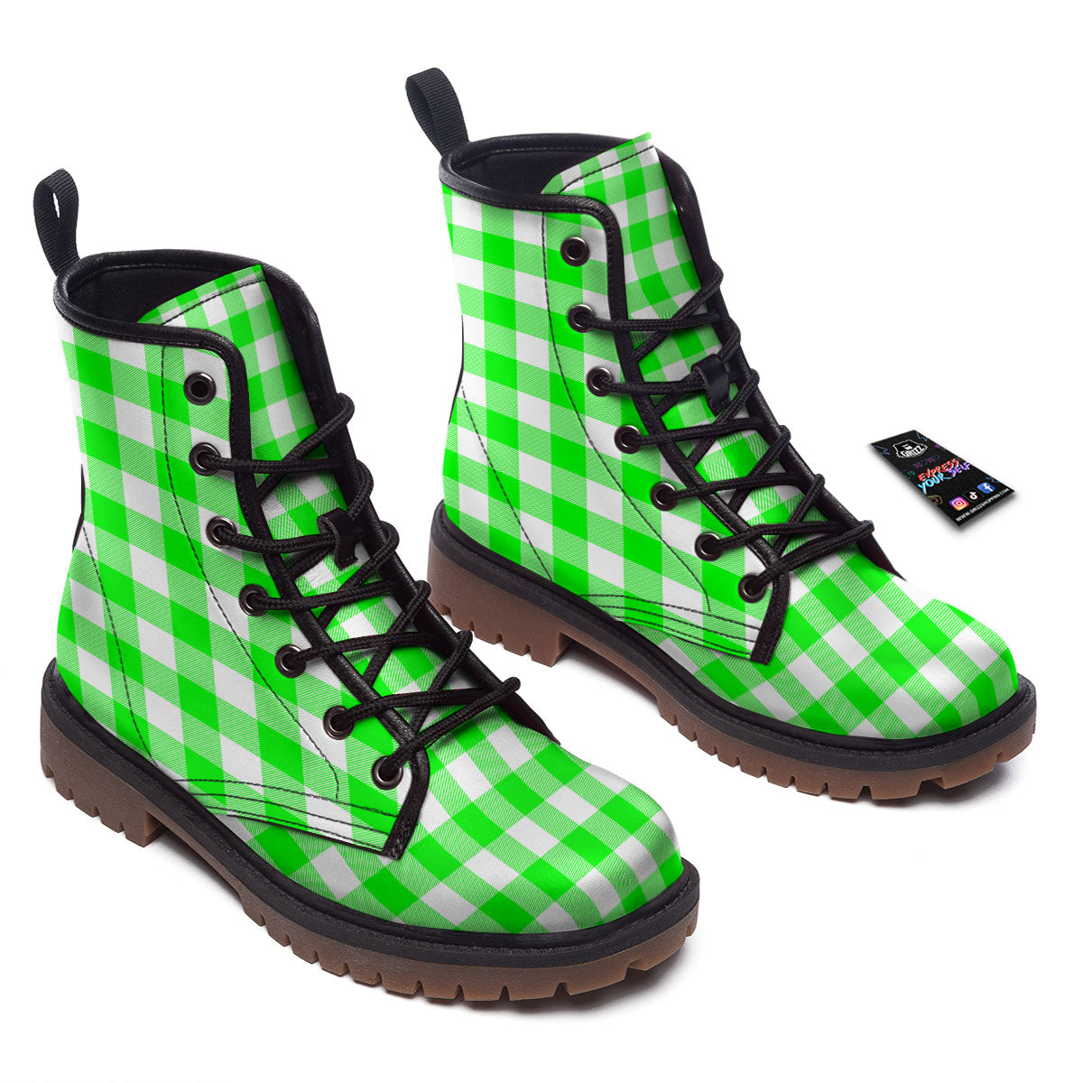 White Buffalo Check And UFO Green Print Pattern Work Boots-grizzshop