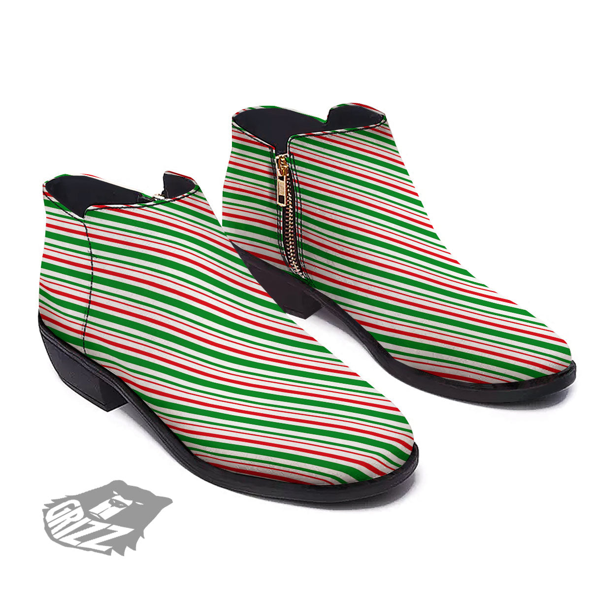 White Candy Cane And Red Green Print Ankle Boots-grizzshop